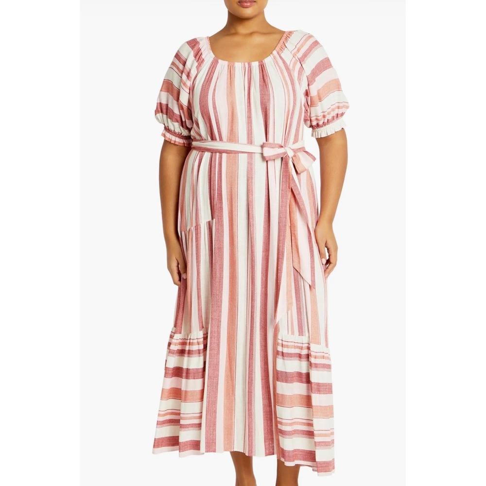 City Chic Jemima Dress Cosmo Striped Tiered Midi Puff Sleeve Belted Pink XXL 24